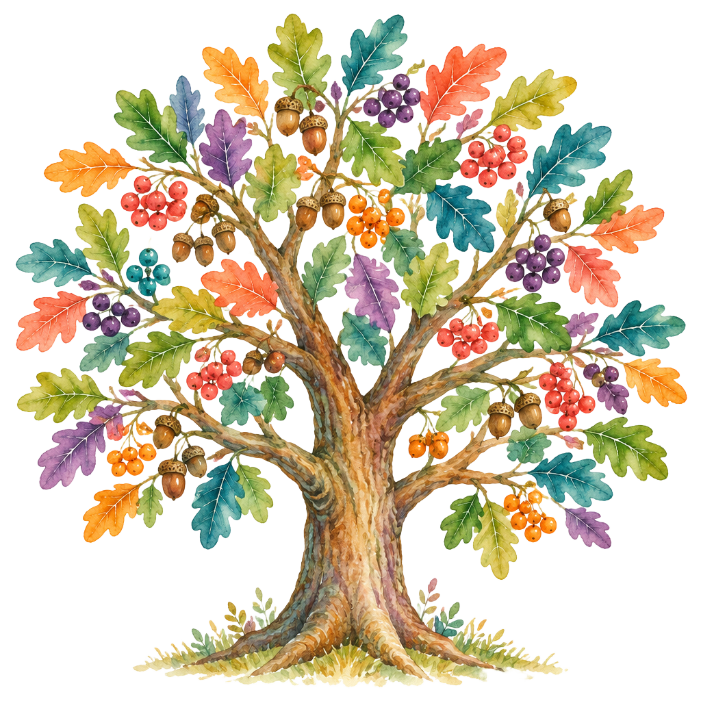 An oak tree with colourful berries